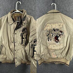 VTG Avirex Leather Varsity Jacket Large Beige Panther Logo Graphic Logo ***